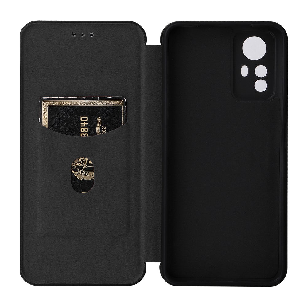 Xiaomi Redmi Note 12S 4G Korthållare Lädermobilskal Kolfibertextur Stativskydd