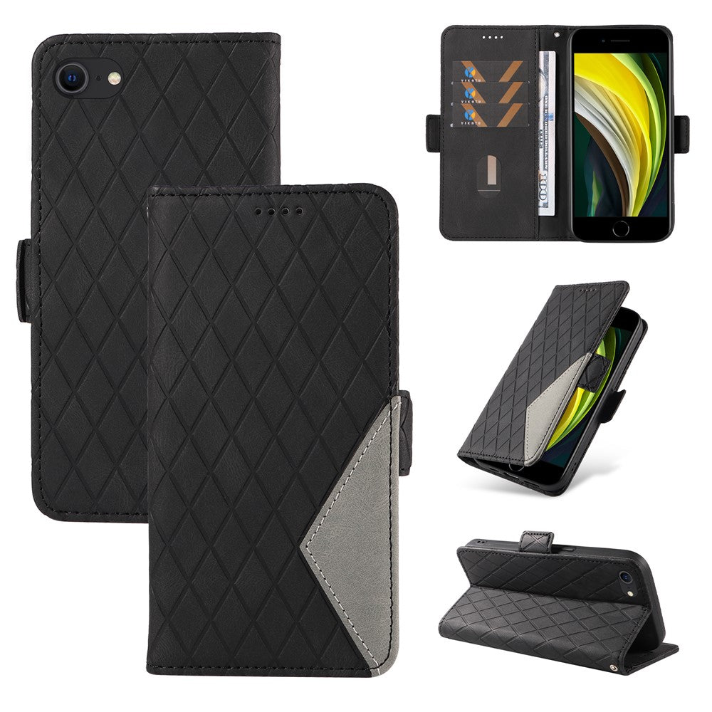 For iPhone 6 / 6s / 7 / 8 / SE (2020) / SE (2022) Rhombus Imprinted Stand Cover Color Splicing Phone Leather Wallet Case