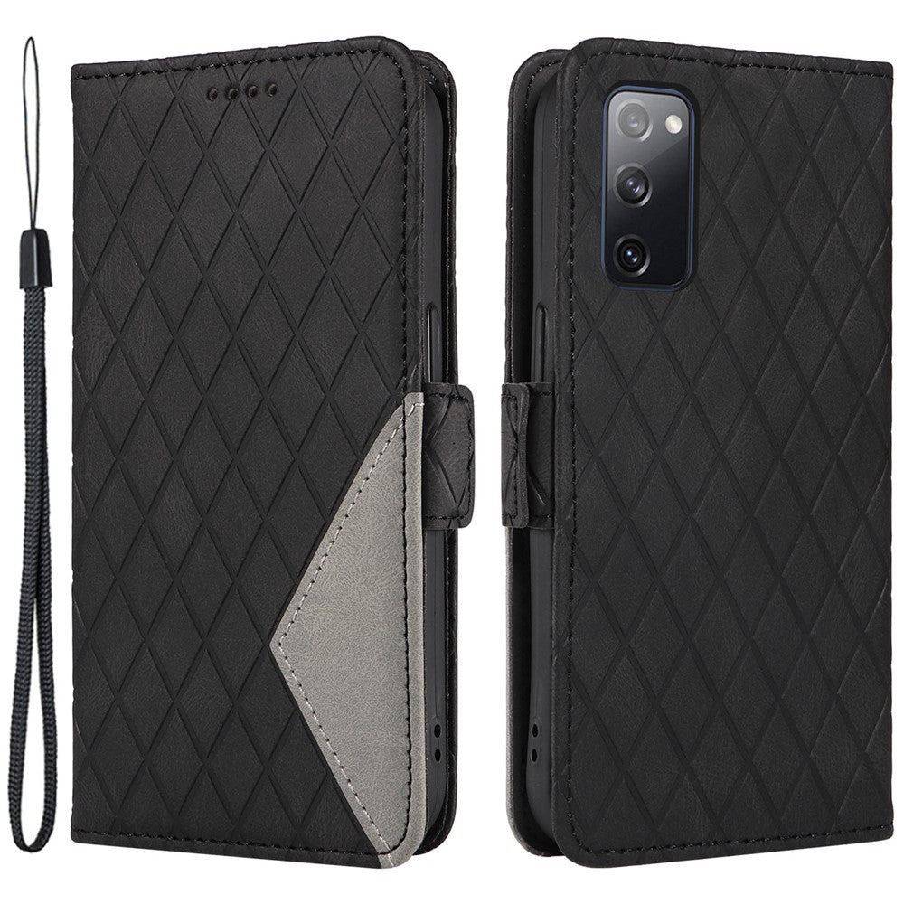 For Samsung Galaxy S20 FE / S20 FE 5G / S20 FE 2022 / S20 Lite Color Splicing Leather Case Rhombus Imprinted Wallet Stand Phone Cover