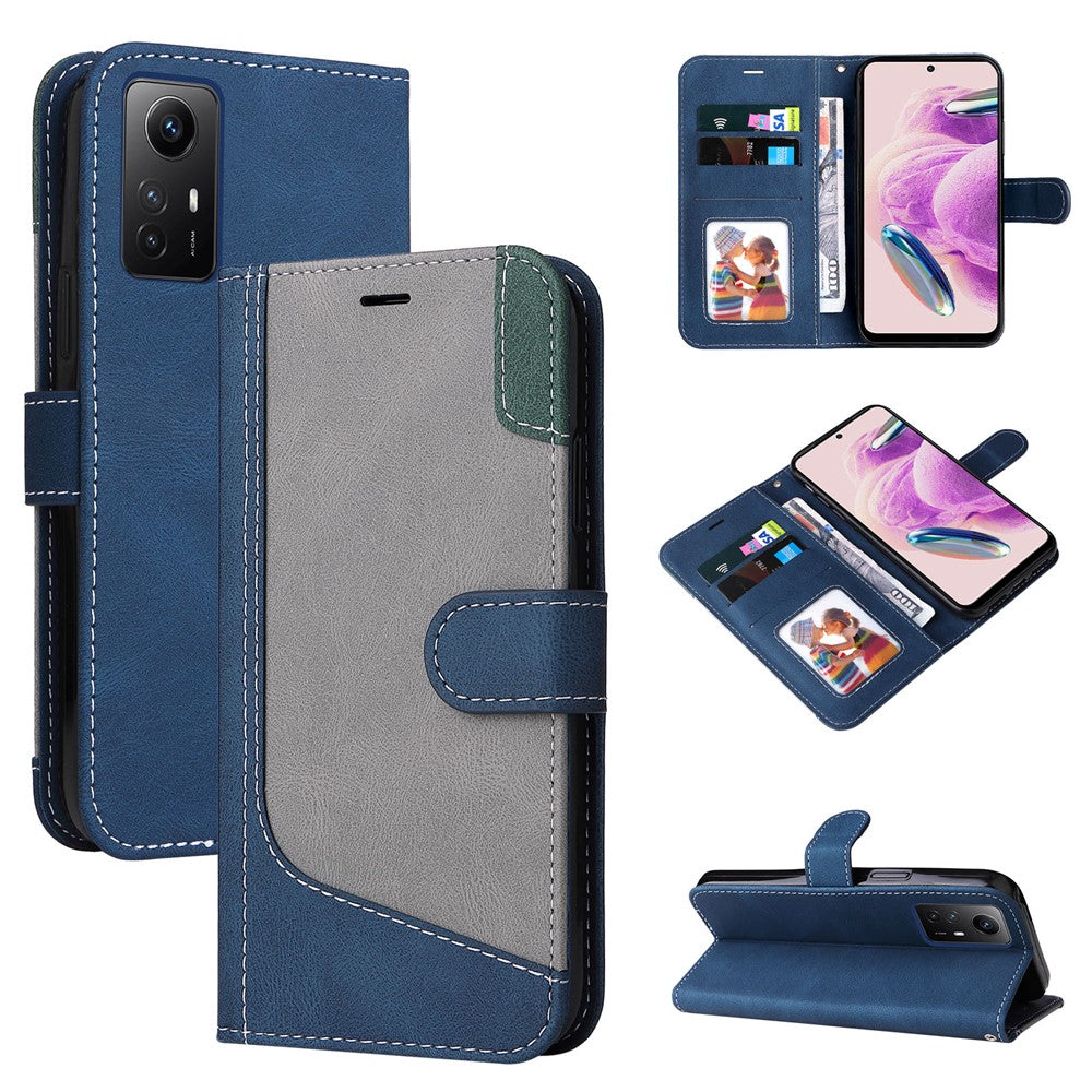 PU Leather Case for Xiaomi Redmi Note 12S 4G / Note 11 4G (Qualcomm) / Note 11S 4G Wallet Stand Three-color Splicing Phone Cover with Wrist Strap