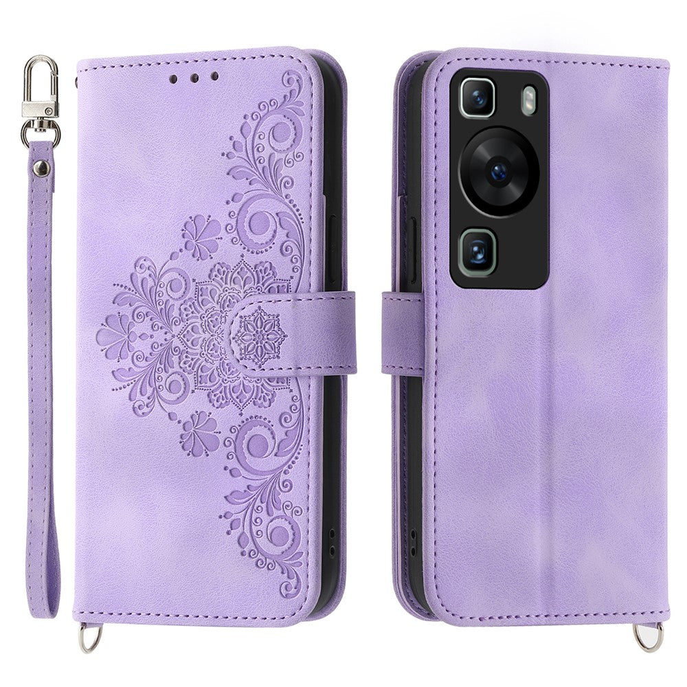 Plånboksfodral för Huawei P60 / P60 Pro, stötsäkert fodral, hudvänligt läderfodral med tryck, blommönster och rem