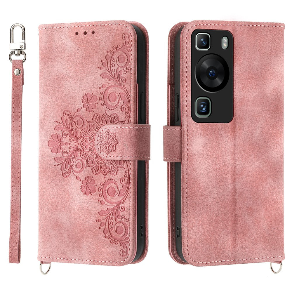 Plånboksfodral för Huawei P60 / P60 Pro, stötsäkert fodral, hudvänligt läderfodral med tryck, blommönster och rem