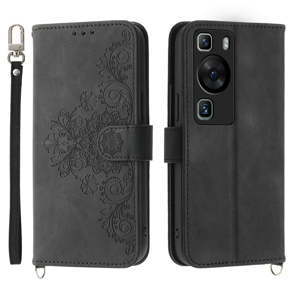 Plånboksfodral för Huawei P60 / P60 Pro, stötsäkert fodral, hudvänligt läderfodral med tryck, blommönster och rem