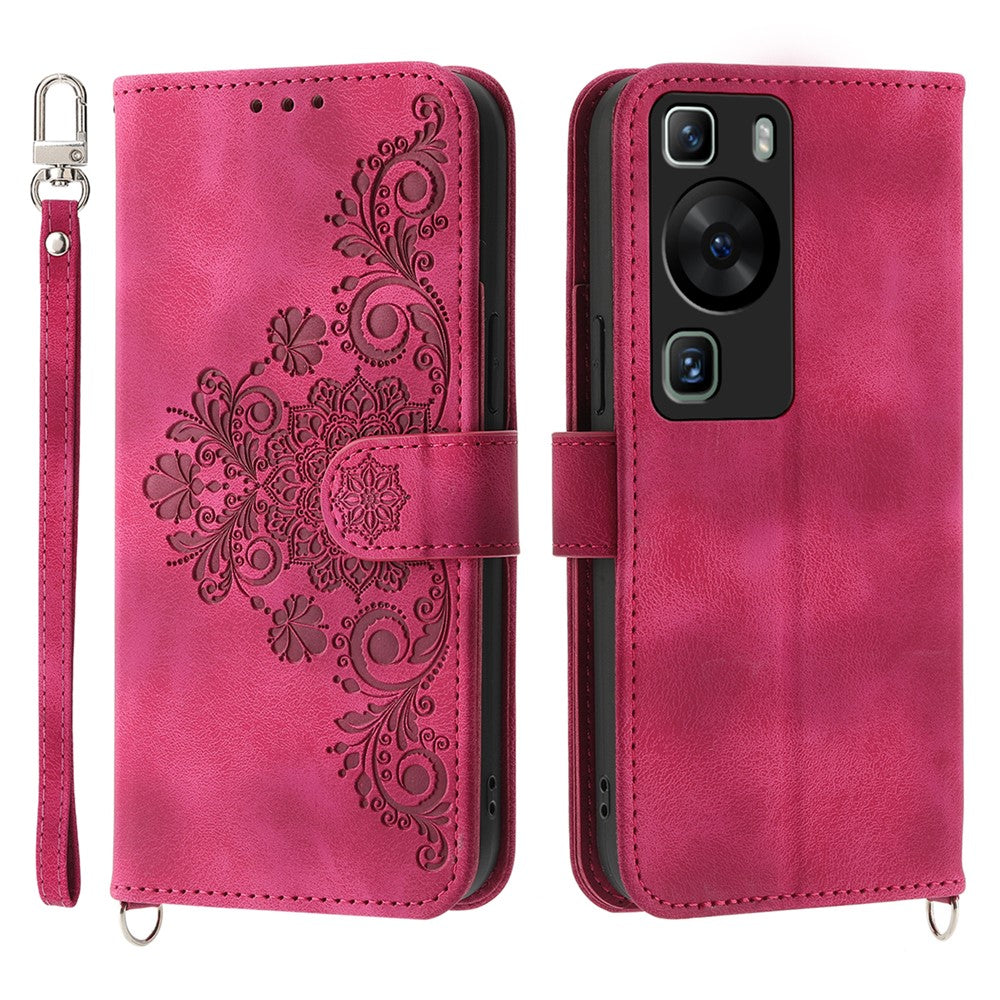 Plånboksfodral för Huawei P60 / P60 Pro, stötsäkert fodral, hudvänligt läderfodral med tryck, blommönster och rem