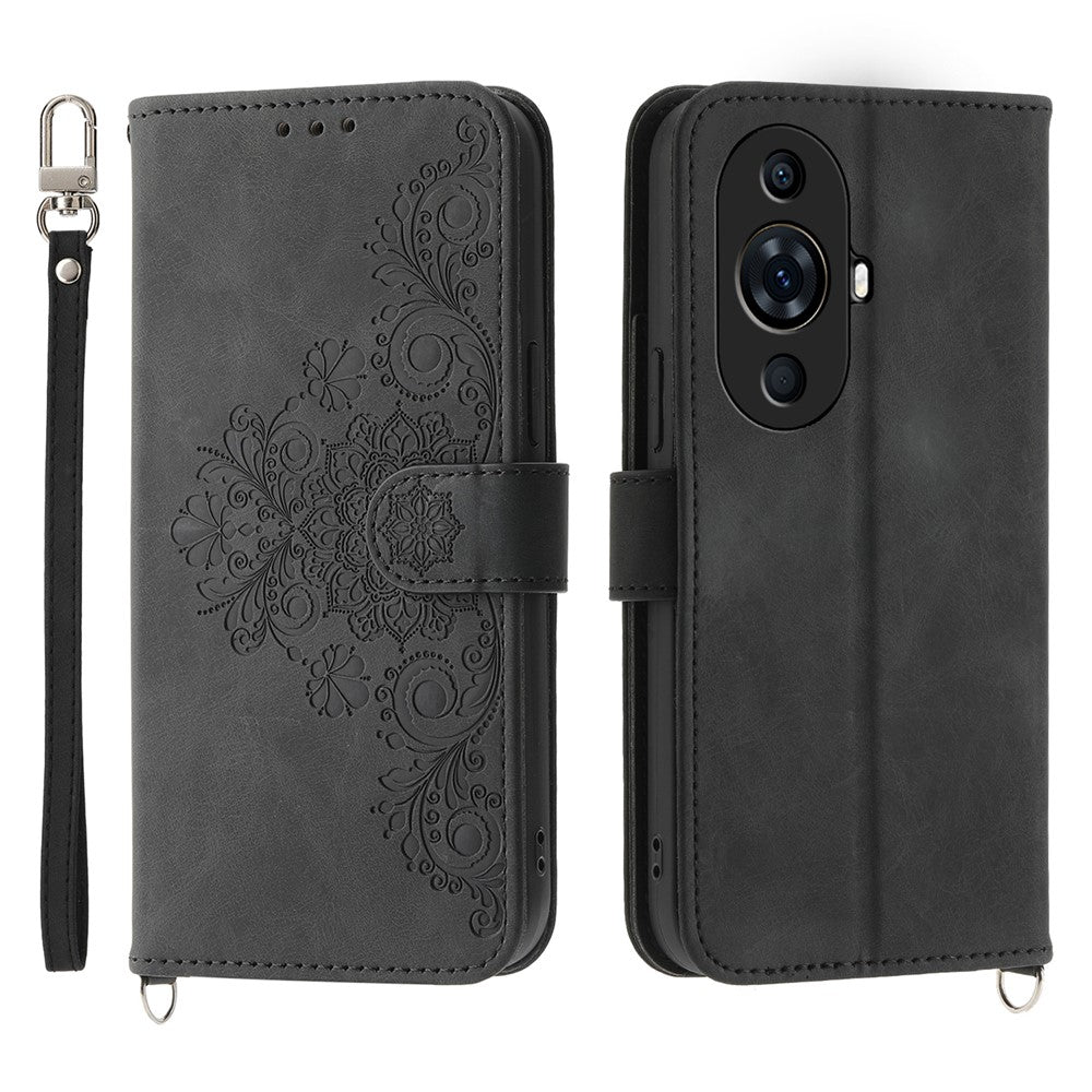 Blompräglat mobilskal till Huawei nova 11 Pro Skin-Touch-mobilskal Fallskyddande PU-läderplånbok med rem