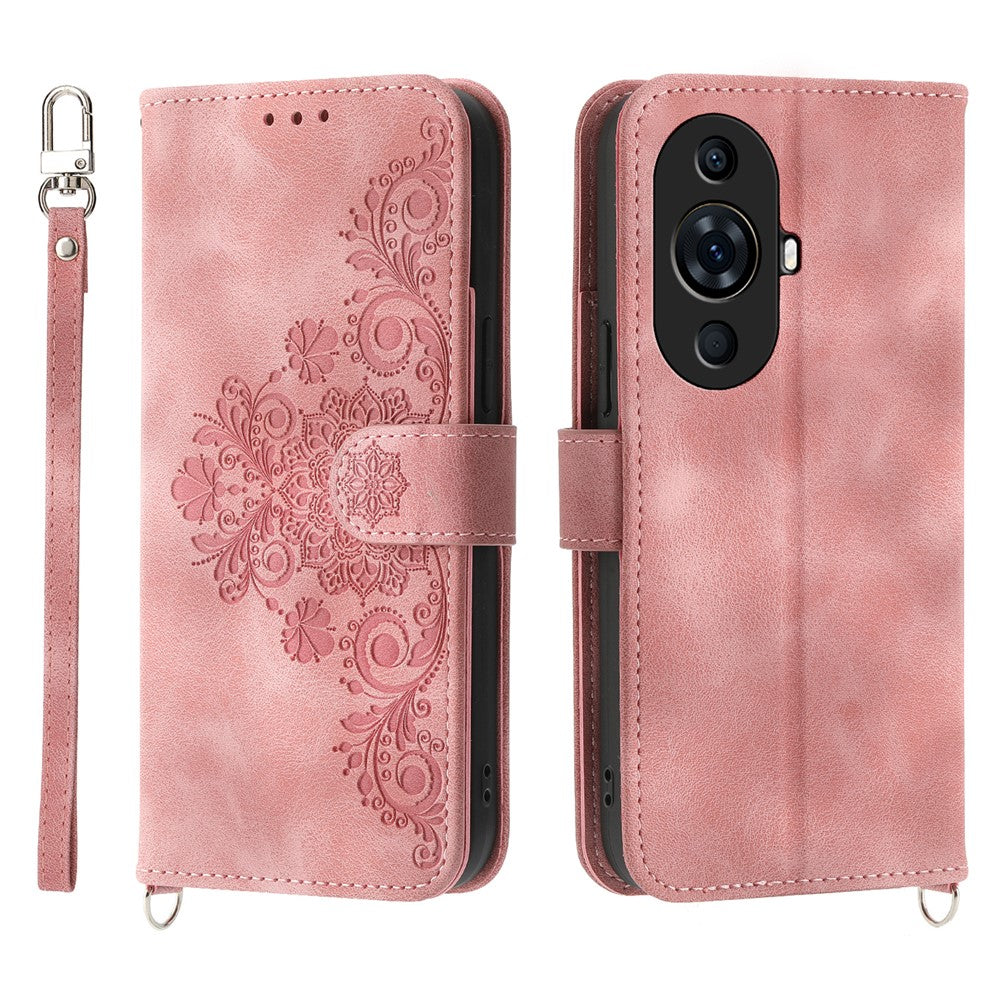 Blompräglat mobilskal till Huawei nova 11 Pro Skin-Touch-mobilskal Fallskyddande PU-läderplånbok med rem