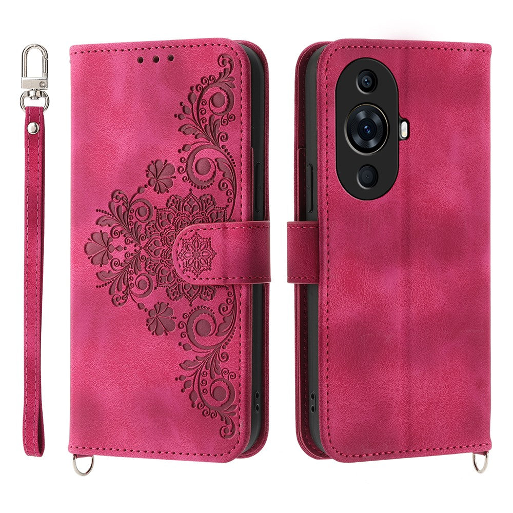 Flower Imprinted Phone Case for Huawei nova 11 Pro Skin-Touch Phone Shell Anti-Drop PU Leather Wallet Cover with Strap