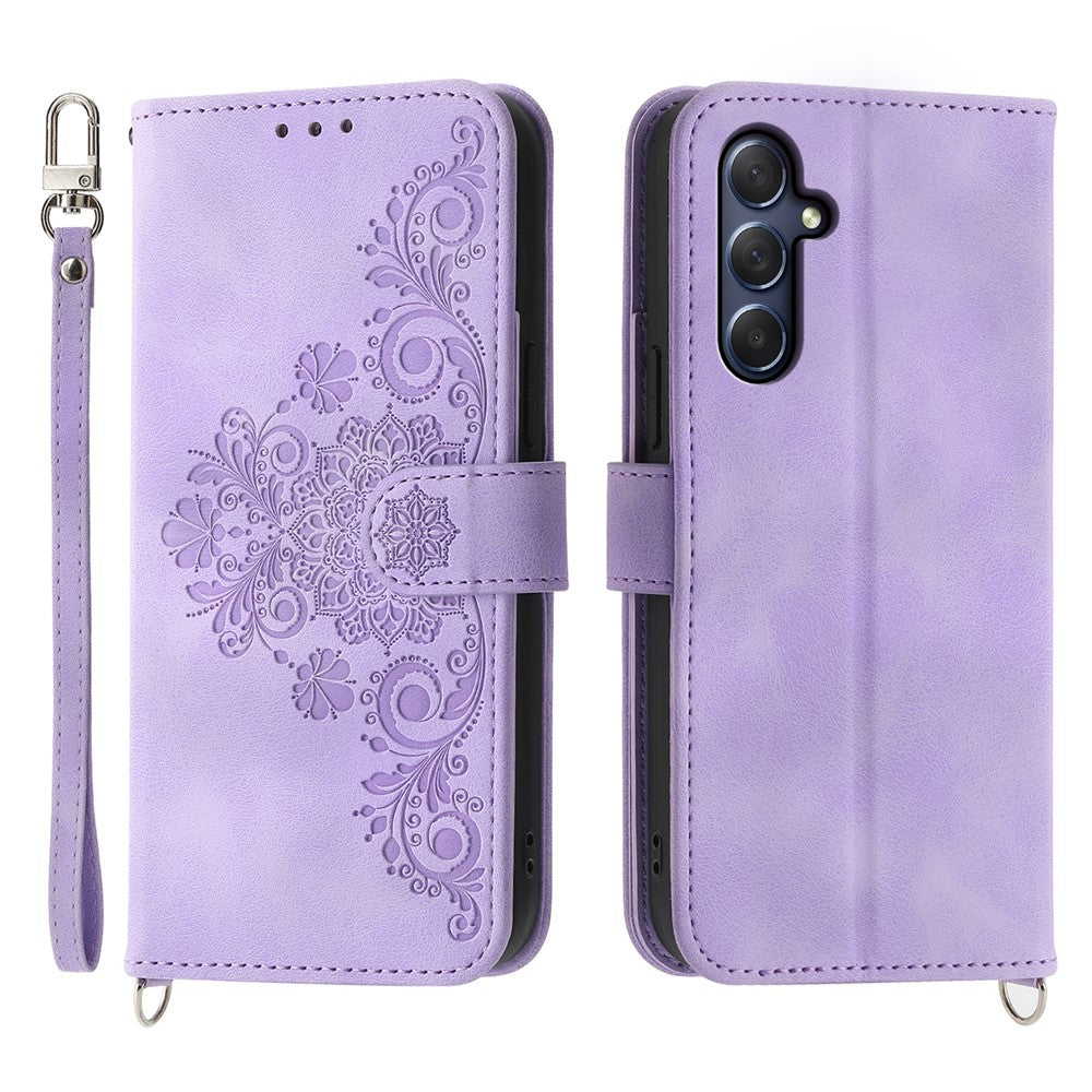 For Samsung Galaxy M54 5G / F54 5G Wallet Phone Case Flower Imprinted Skin-Touch Leather Cover with Strap