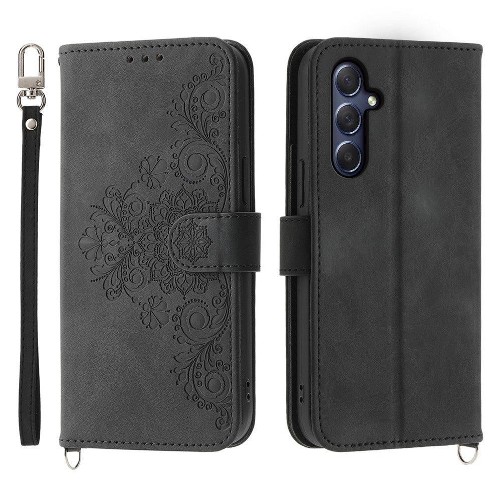 For Samsung Galaxy M54 5G / F54 5G Wallet Phone Case Flower Imprinted Skin-Touch Leather Cover with Strap