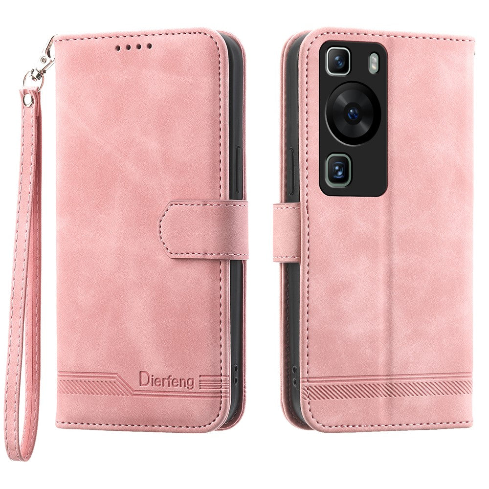 DIERFENG DF-03 för Huawei P60 / P60 Pro Lines Printed Phone Cover PU Leather Fold Stand Mobilskal