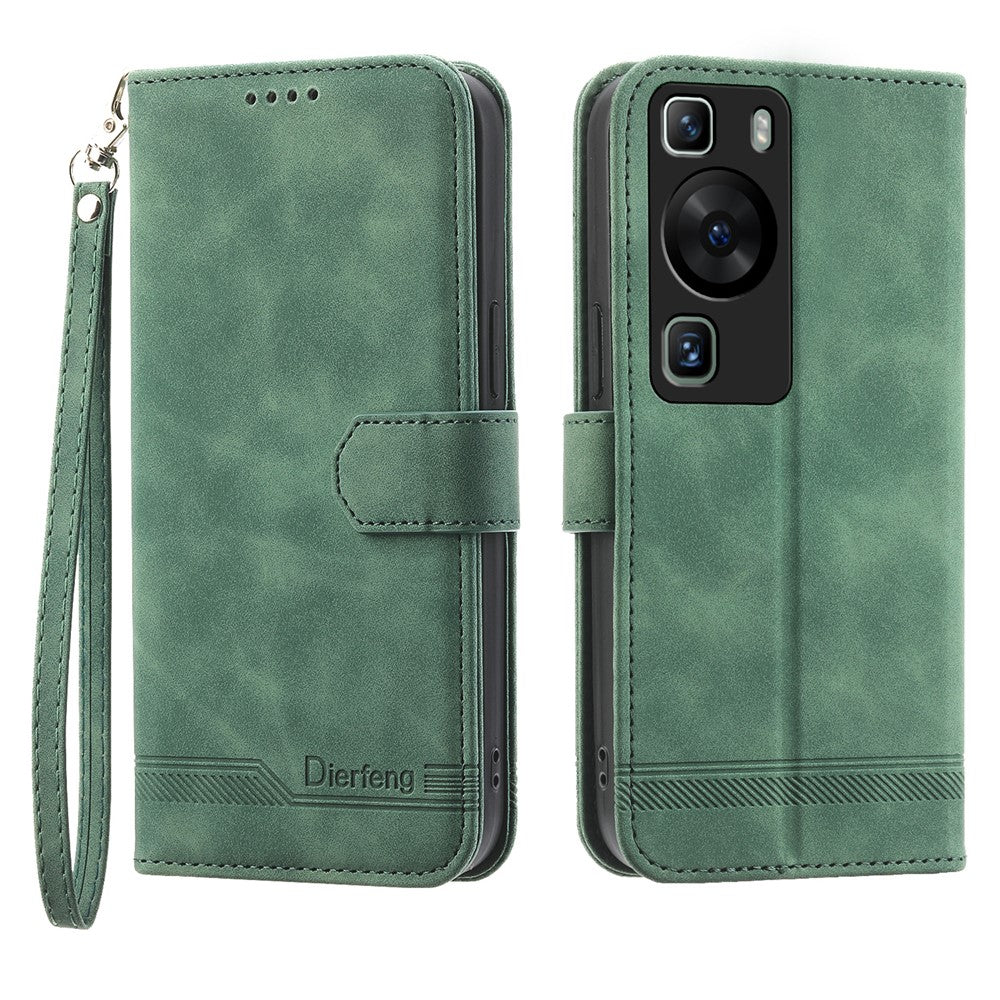 DIERFENG DF-03 för Huawei P60 / P60 Pro Lines Printed Phone Cover PU Leather Fold Stand Mobilskal