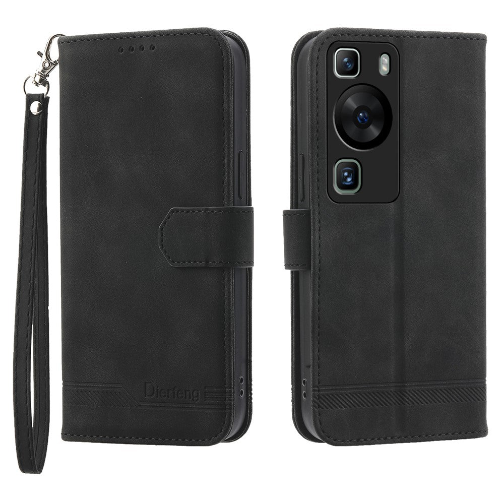 DIERFENG DF-03 för Huawei P60 / P60 Pro Lines Printed Phone Cover PU Leather Fold Stand Mobilskal