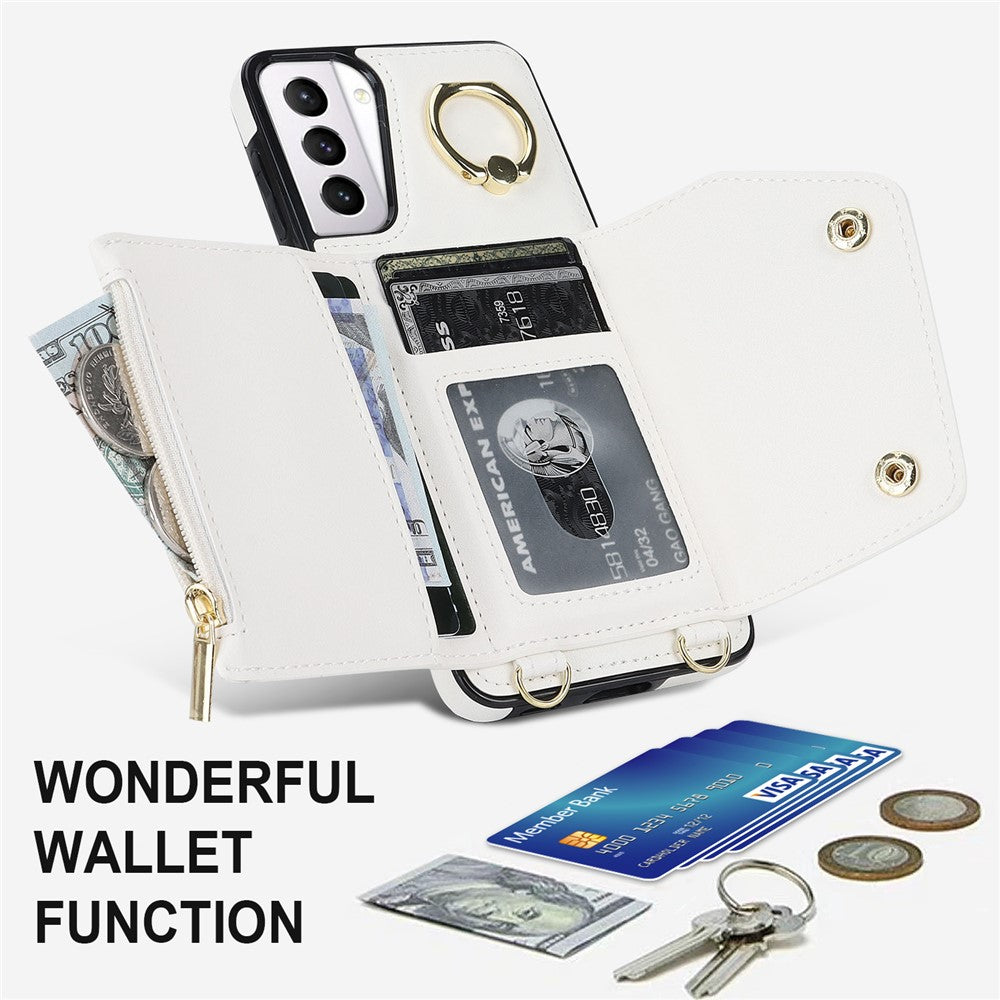 For Samsung Galaxy S21 4G / 5G Kickstand Case Zipper Wallet PU Leather Coated TPU Crossbody Phone Cover