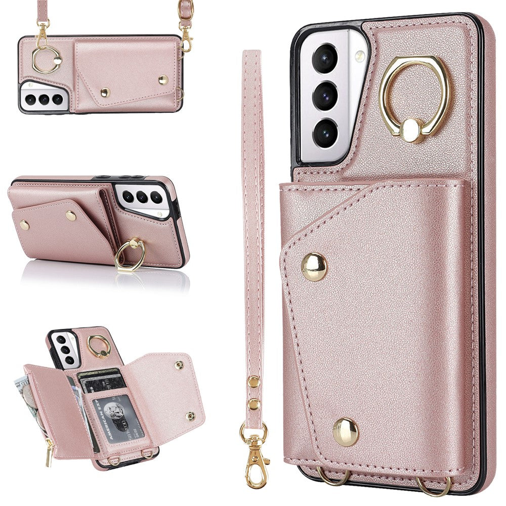 For Samsung Galaxy S21+ 5G Zipper Wallet Ring Kickstand Case PU Leather Coated TPU Phone Cover