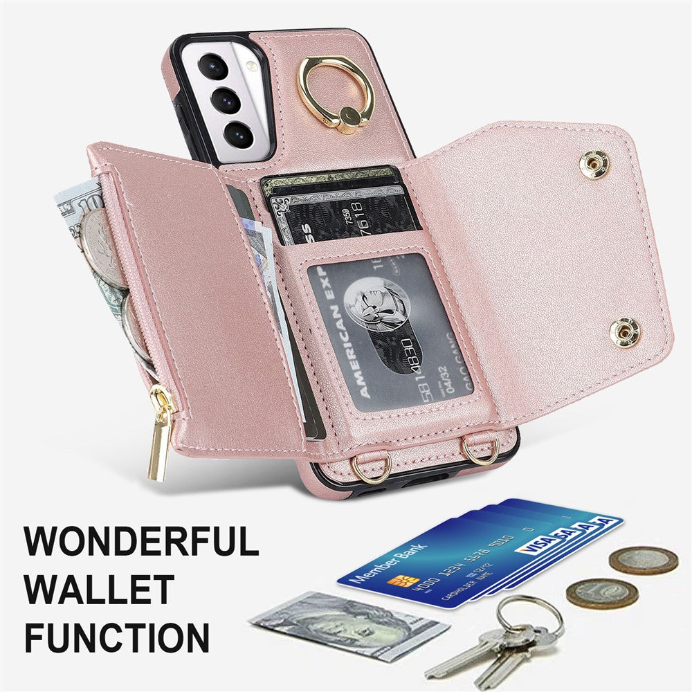 For Samsung Galaxy S21+ 5G Zipper Wallet Ring Kickstand Case PU Leather Coated TPU Phone Cover