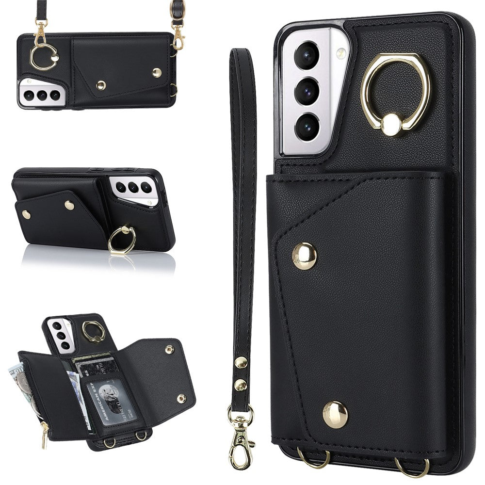 For Samsung Galaxy S21+ 5G Zipper Wallet Ring Kickstand Case PU Leather Coated TPU Phone Cover