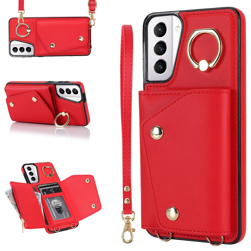 For Samsung Galaxy S21+ 5G Zipper Wallet Ring Kickstand Case PU Leather Coated TPU Phone Cover