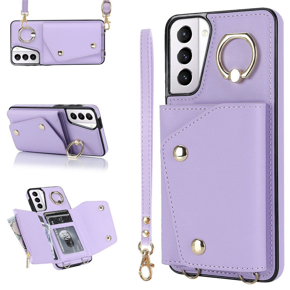 For Samsung Galaxy S21+ 5G Zipper Wallet Ring Kickstand Case PU Leather Coated TPU Phone Cover