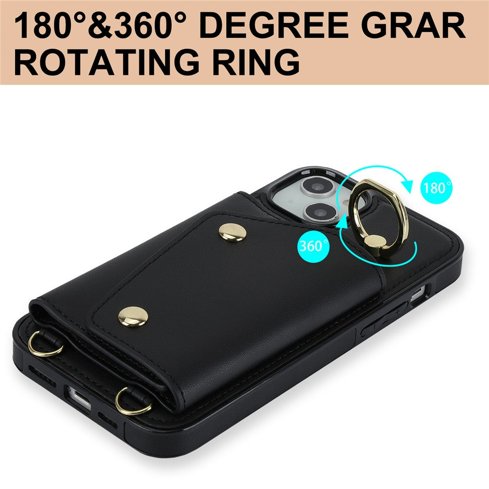 For iPhone 12 mini Leather Coated TPU Phone Kickstand Case Zipper Wallet Crossbody Phone Cover