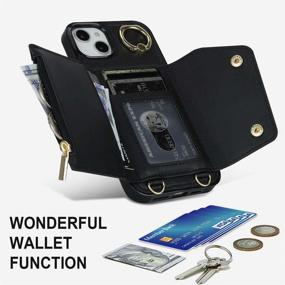 For iPhone 12 mini Leather Coated TPU Phone Kickstand Case Zipper Wallet Crossbody Phone Cover