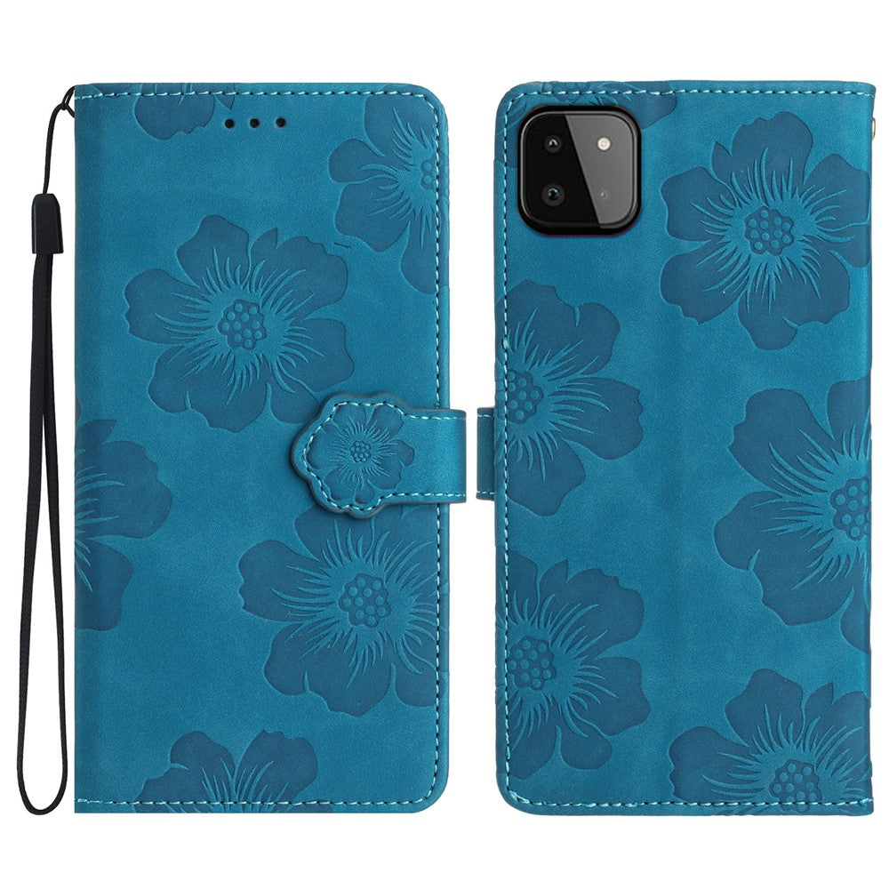For Samsung Galaxy A22 5G (EU Version) PU Leather Full Protection Shell Flowers Imprint Stand Wallet Phone Case