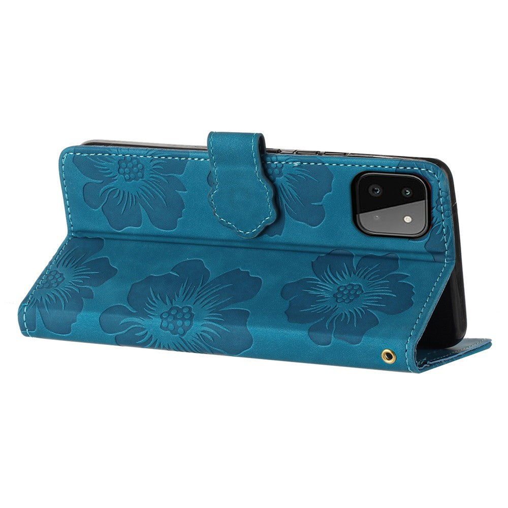 For Samsung Galaxy A22 5G (EU Version) PU Leather Full Protection Shell Flowers Imprint Stand Wallet Phone Case