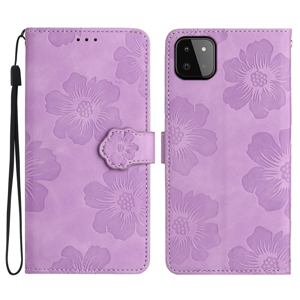 For Samsung Galaxy A22 5G (EU Version) PU Leather Full Protection Shell Flowers Imprint Stand Wallet Phone Case