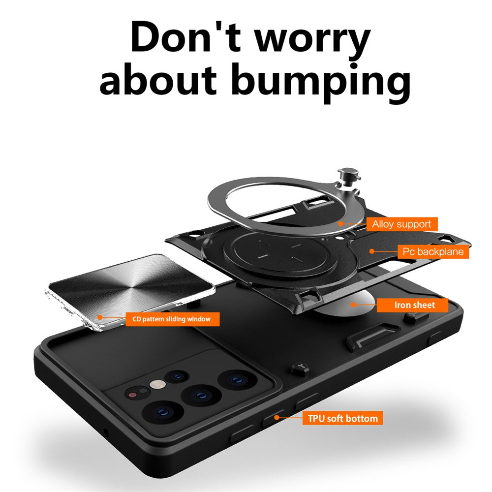 For Samsung Galaxy S21 Ultra 5G Rotatable Kickstand PC+TPU Phone Case Slide Camera Lid Shockproof Cover