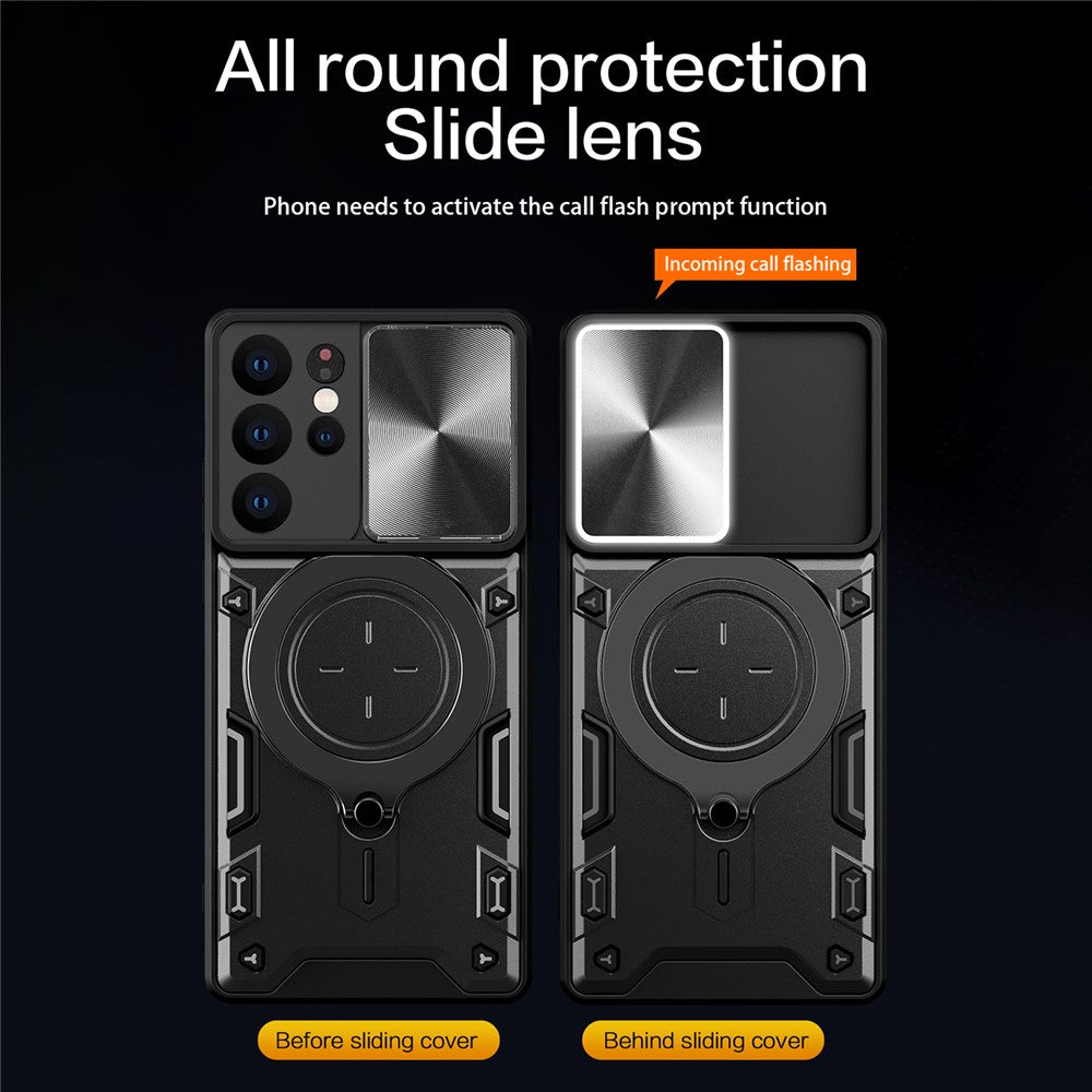 For Samsung Galaxy S21 Ultra 5G Rotatable Kickstand PC+TPU Phone Case Slide Camera Lid Shockproof Cover