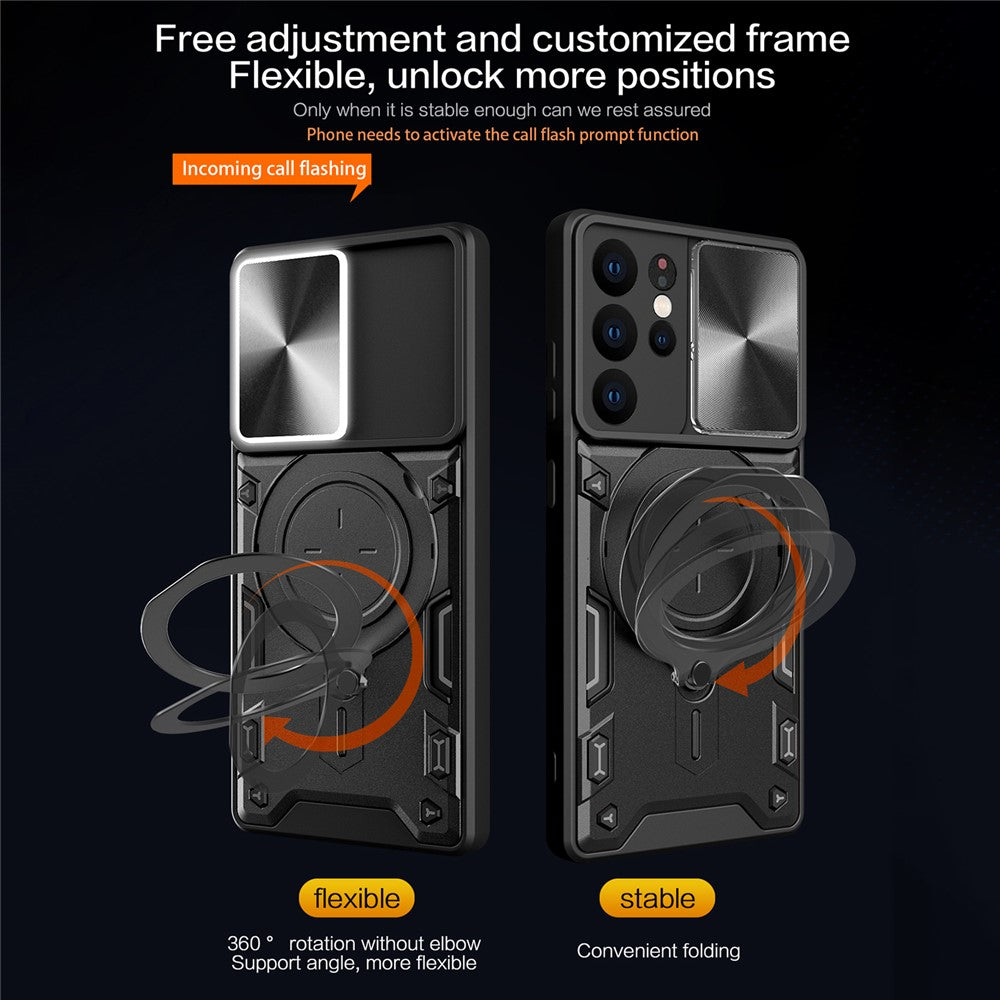 For Samsung Galaxy S21 Ultra 5G Rotatable Kickstand PC+TPU Phone Case Slide Camera Lid Shockproof Cover