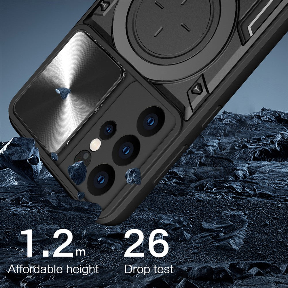For Samsung Galaxy S21 Ultra 5G Rotatable Kickstand PC+TPU Phone Case Slide Camera Lid Shockproof Cover