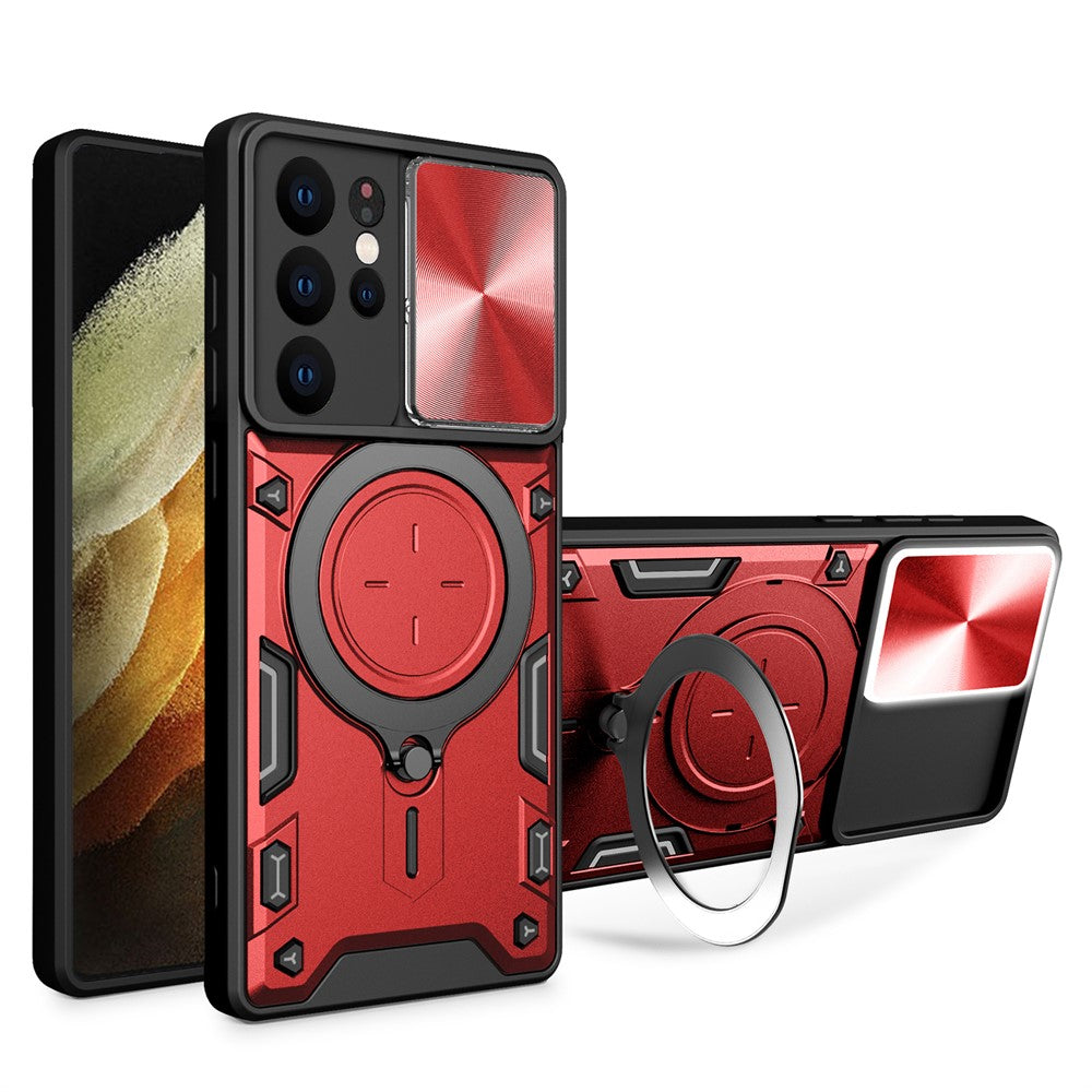 For Samsung Galaxy S21 Ultra 5G Rotatable Kickstand PC+TPU Phone Case Slide Camera Lid Shockproof Cover