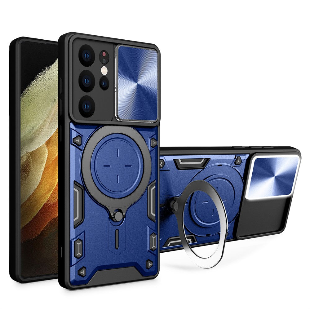 For Samsung Galaxy S21 Ultra 5G Rotatable Kickstand PC+TPU Phone Case Slide Camera Lid Shockproof Cover