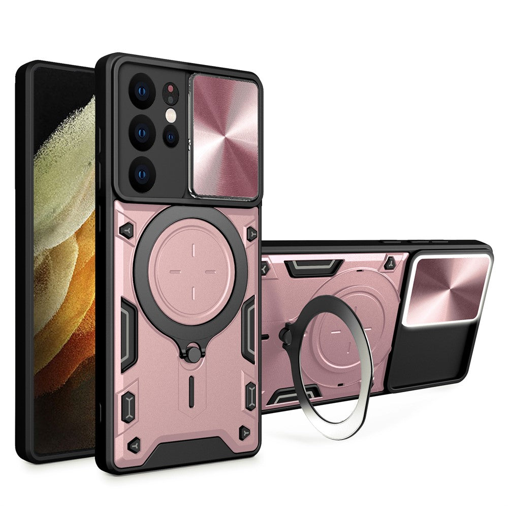 For Samsung Galaxy S21 Ultra 5G Rotatable Kickstand PC+TPU Phone Case Slide Camera Lid Shockproof Cover
