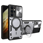 For Samsung Galaxy S21 Ultra 5G Rotatable Kickstand PC+TPU Phone Case Slide Camera Lid Shockproof Cover