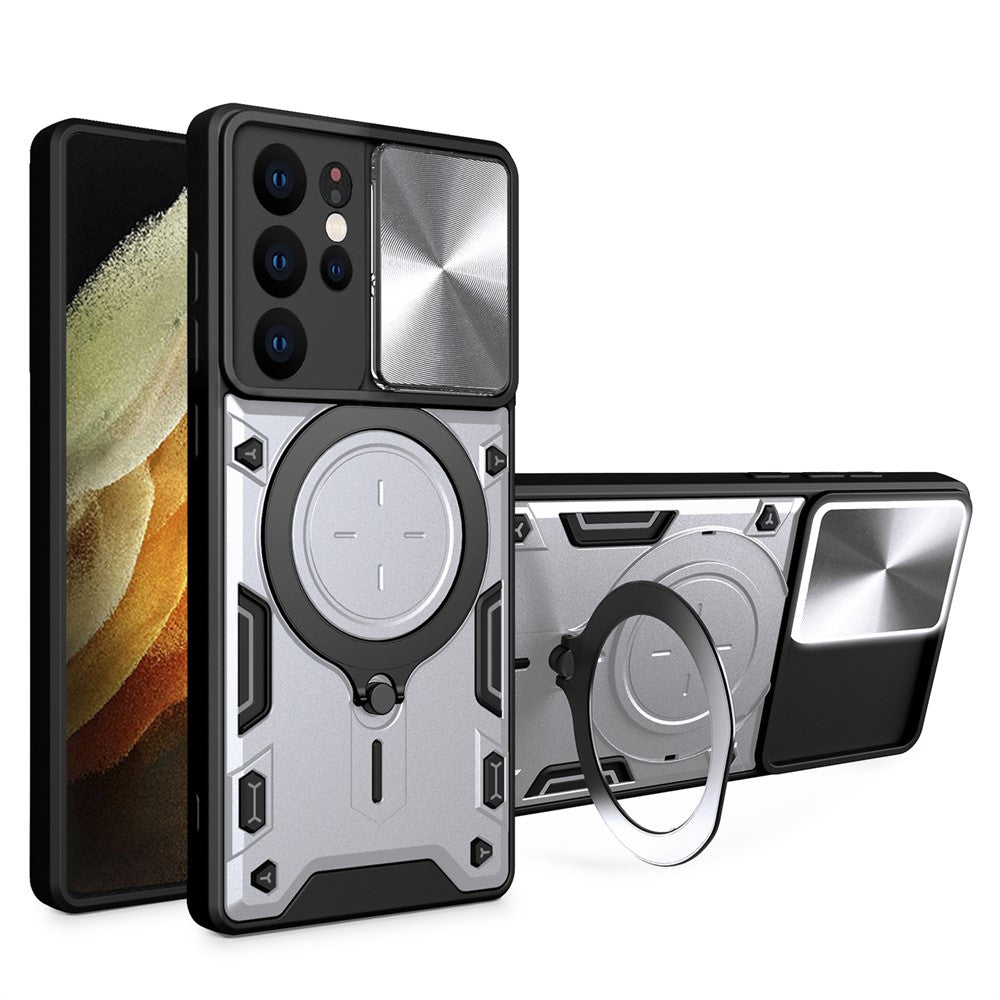 For Samsung Galaxy S21 Ultra 5G Rotatable Kickstand PC+TPU Phone Case Slide Camera Lid Shockproof Cover