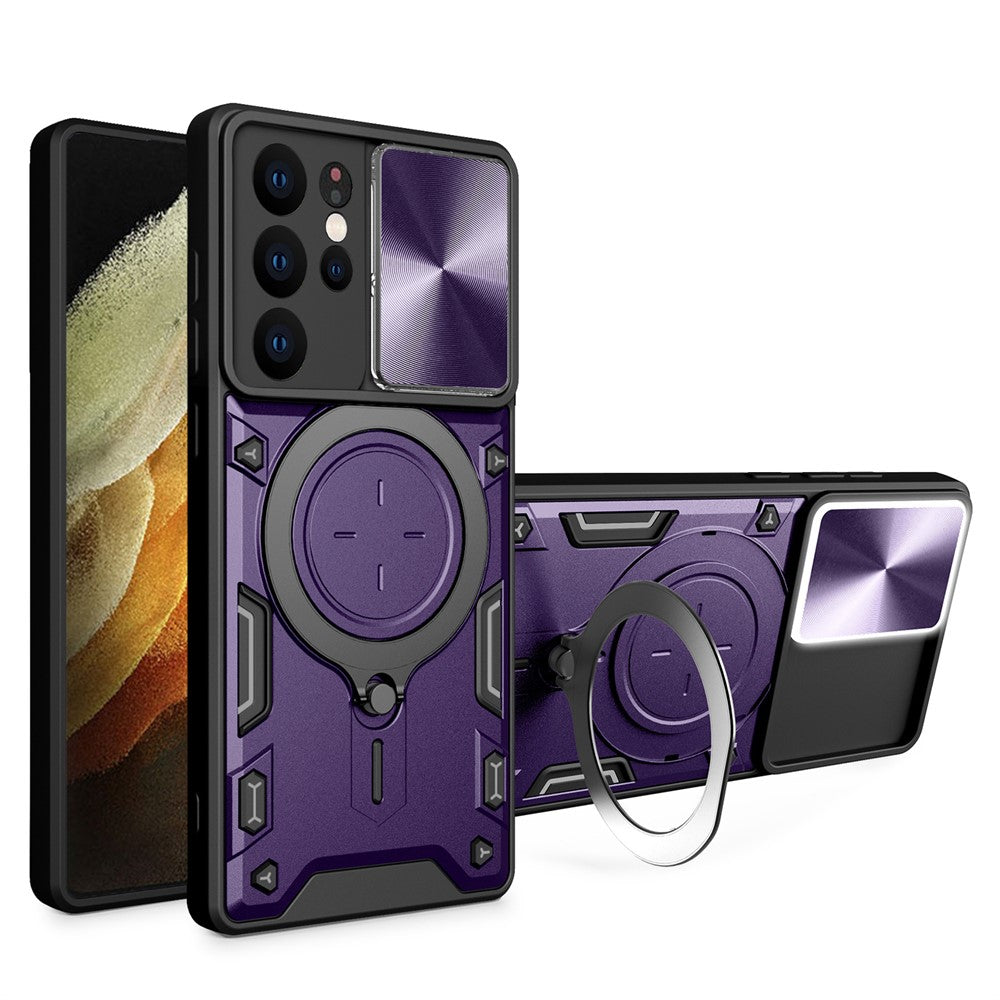 For Samsung Galaxy S21 Ultra 5G Rotatable Kickstand PC+TPU Phone Case Slide Camera Lid Shockproof Cover