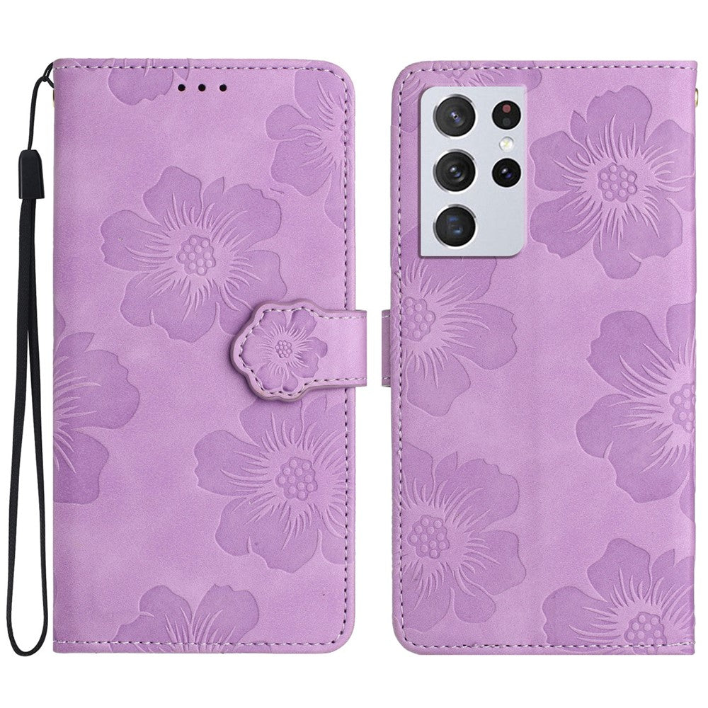 Mobilmobilskal till Samsung Galaxy S21 Ultra 5G, stativ med blommor och plånboksfodral i PU-läder
