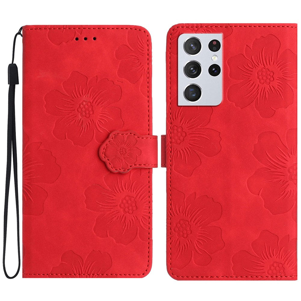 Mobilmobilskal till Samsung Galaxy S21 Ultra 5G, stativ med blommor och plånboksfodral i PU-läder