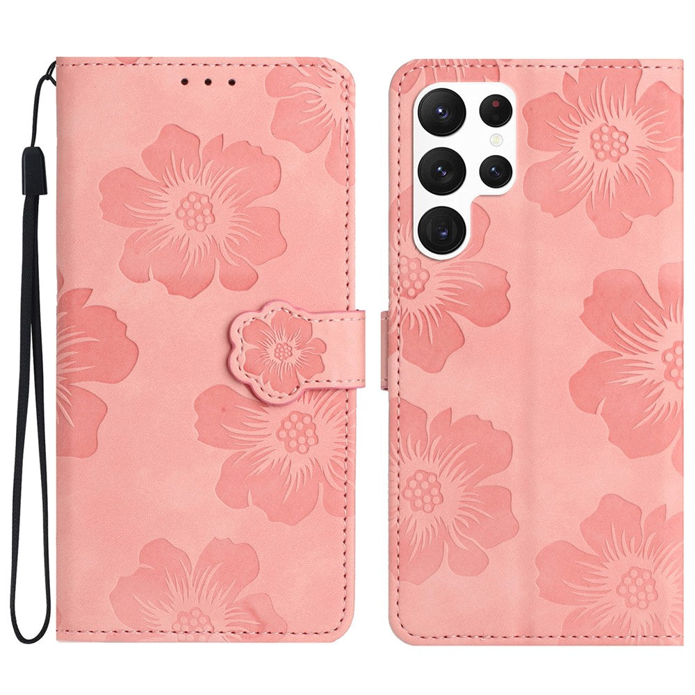 For Samsung Galaxy S22 Ultra 5G Smartphone Case Stand Flowers Imprinted PU Leather Wallet Phone Cover