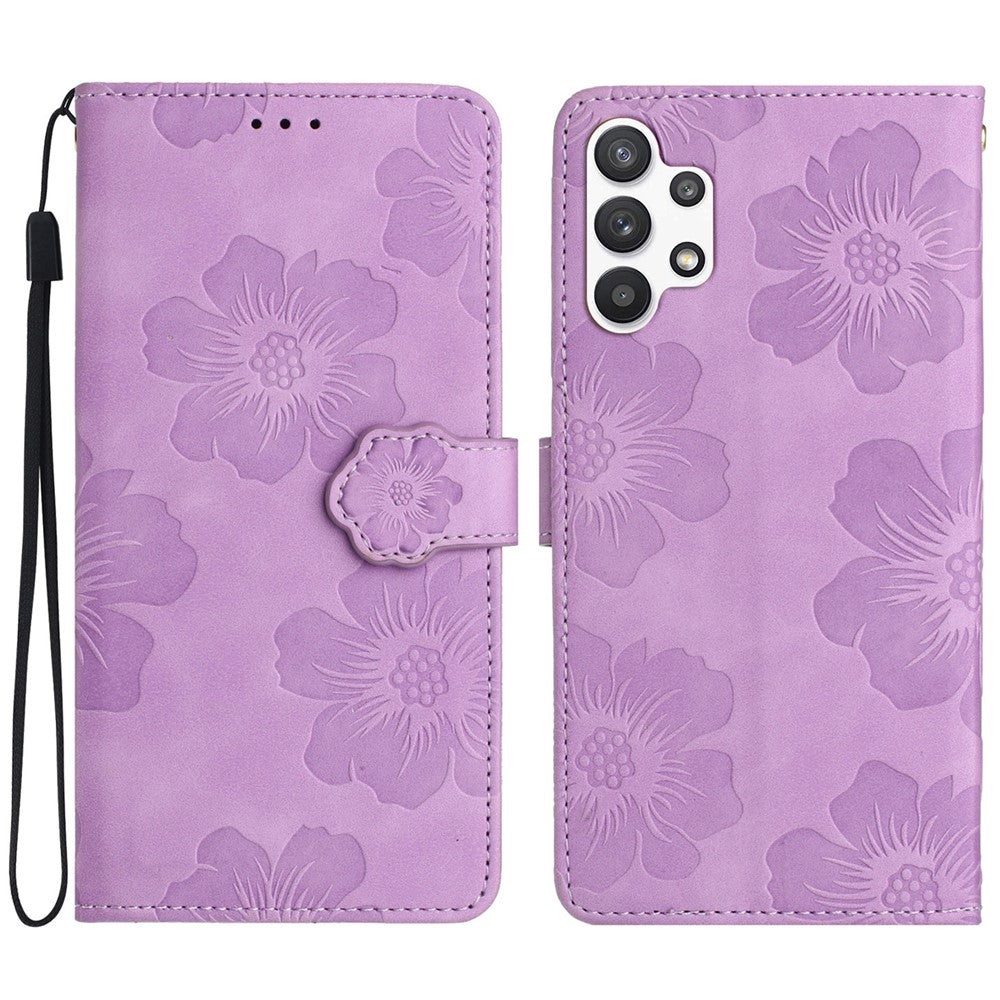 Til Samsung Galaxy A13 4G Anti-fingeraftryk Telefoncover Stativ Prægede Blomster PU Læder Etui Skal