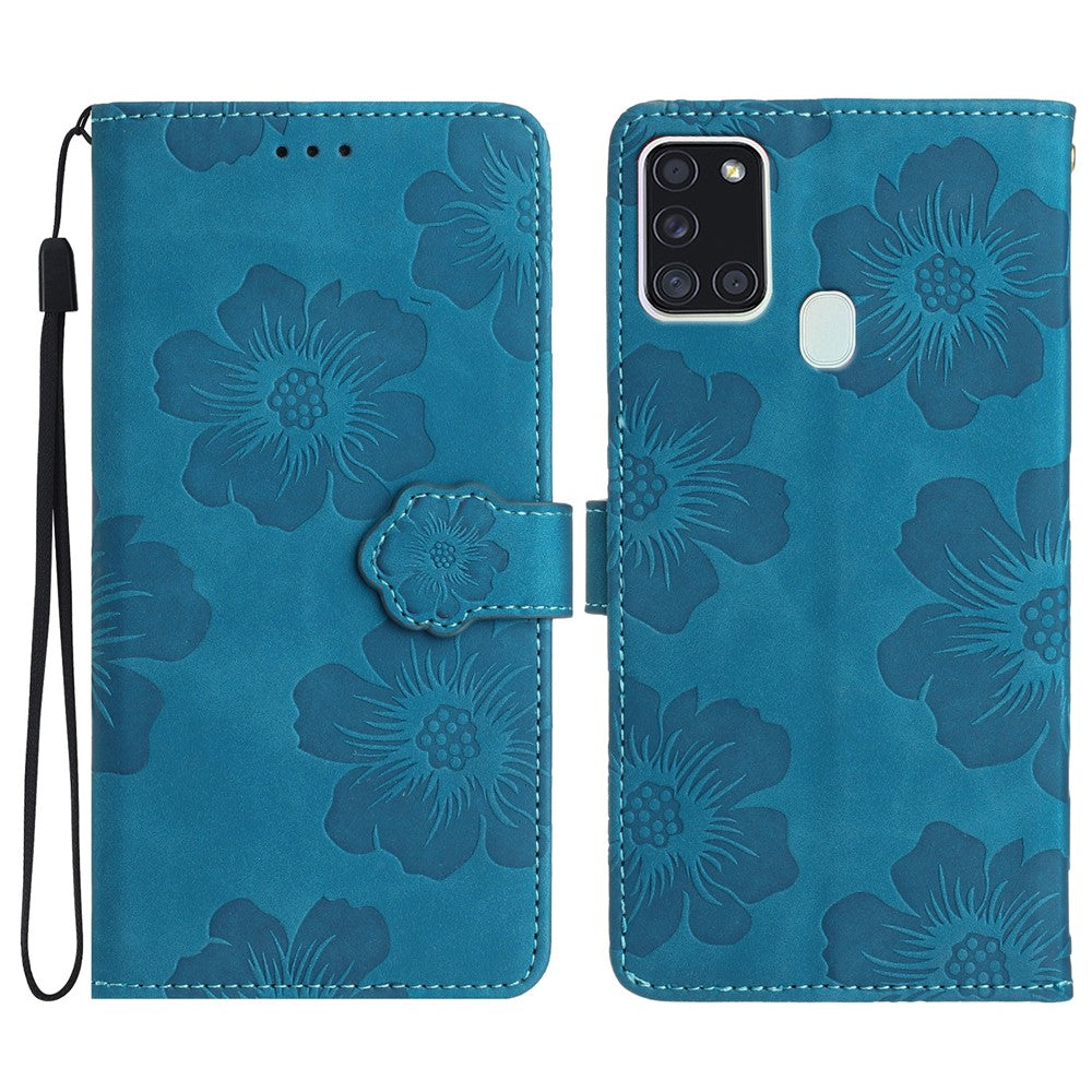For Samsung Galaxy A21s Flowers Imprint Leather Wallet Case Folding Stand Phone Cover