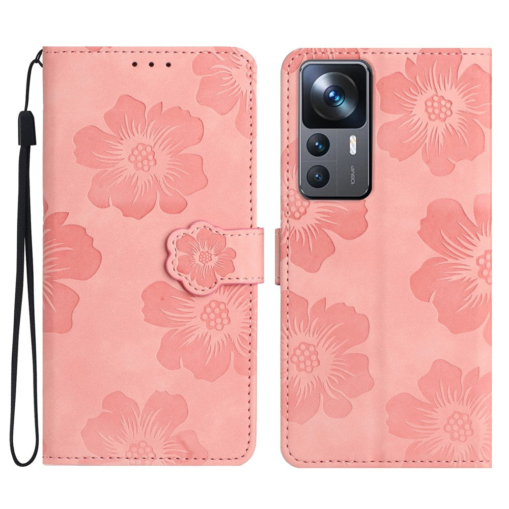 Xiaomi 12T 5G / 12T Pro 5G / Redmi K50 Ultra stativmobilskal blommor präglad PU-läder plånboksfodral