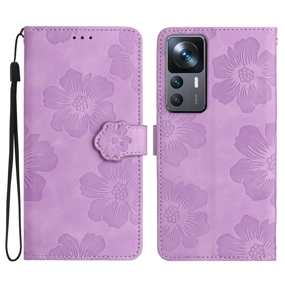 Xiaomi 12T 5G / 12T Pro 5G / Redmi K50 Ultra stativmobilskal blommor präglad PU-läder plånboksfodral