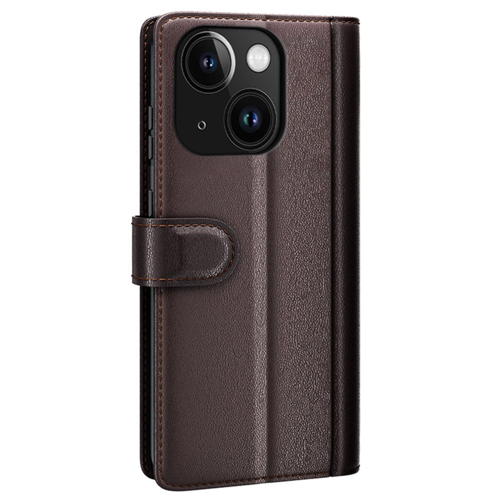 Til iPhone 15 Plus cover i ægte splidlæder med pung og standerfunktion