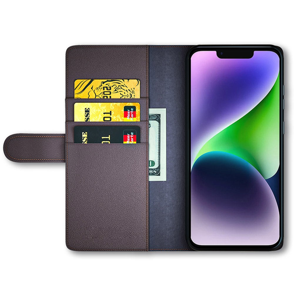 Til iPhone 15 Plus cover i ægte splidlæder med pung og standerfunktion