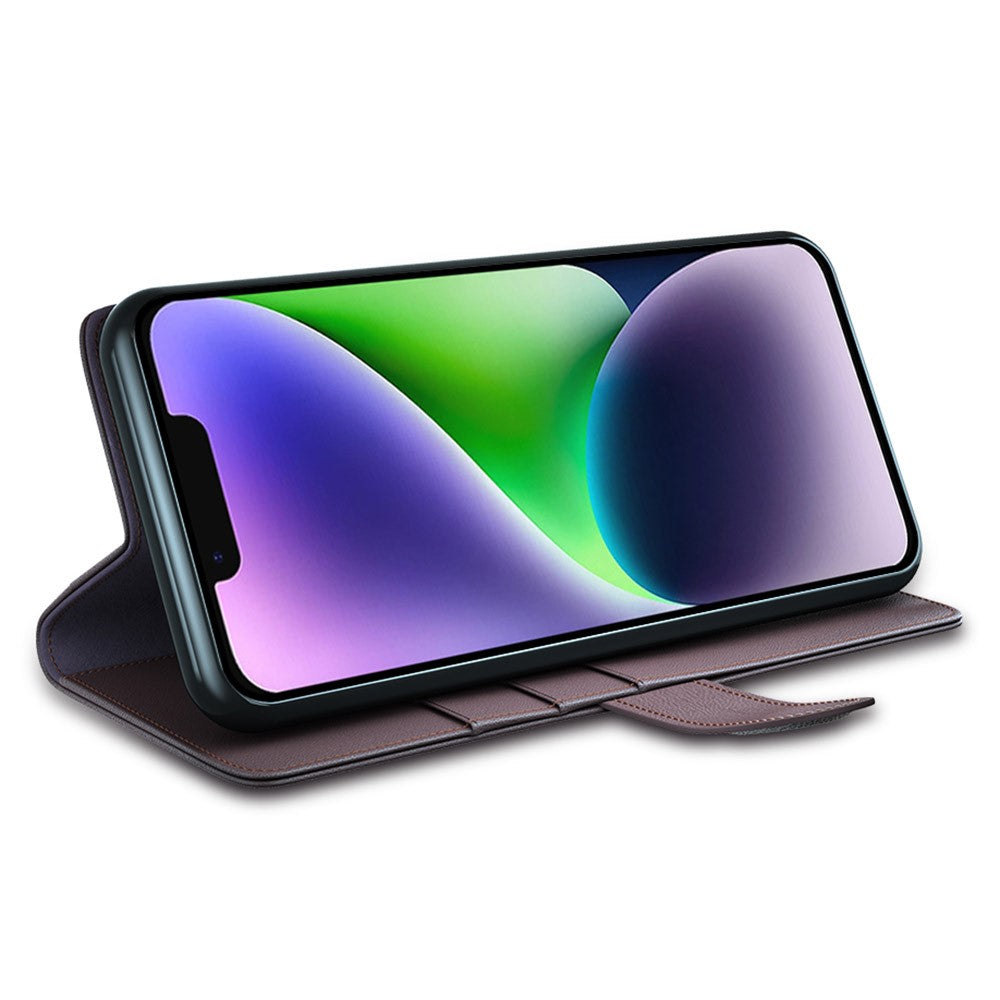 Til iPhone 15 Plus cover i ægte splidlæder med pung og standerfunktion
