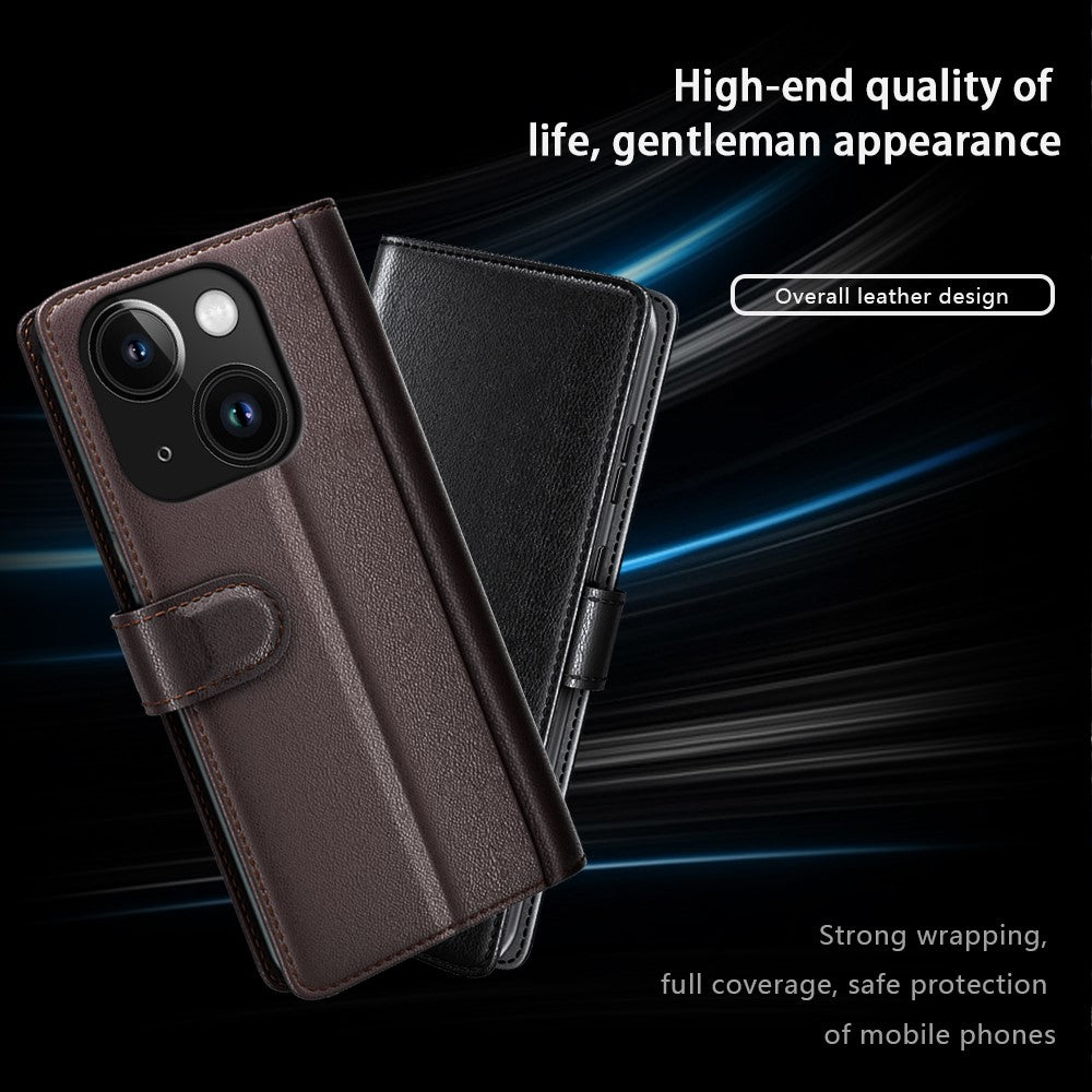 Til iPhone 15 Plus cover i ægte splidlæder med pung og standerfunktion