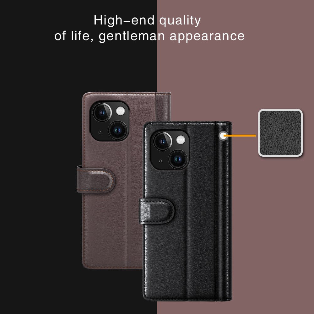 Til iPhone 15 Plus cover i ægte splidlæder med pung og standerfunktion