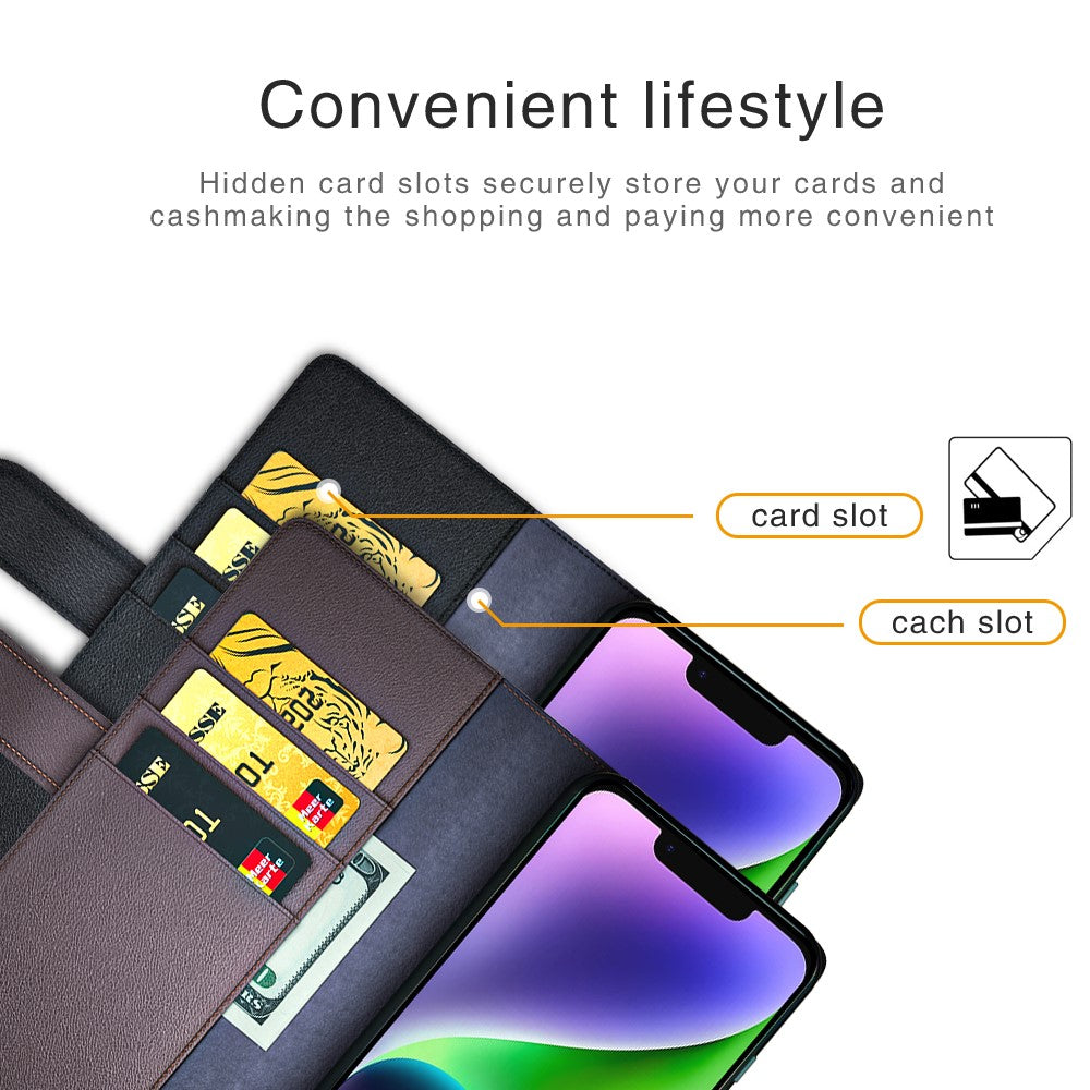Til iPhone 15 Plus cover i ægte splidlæder med pung og standerfunktion